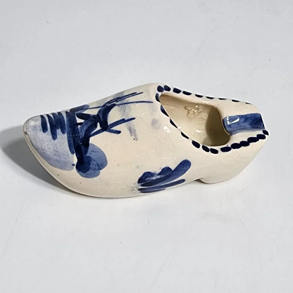 Vintage Delft Blue Cream and-Painted Ceramic Dutch Clog Shoe Figurine